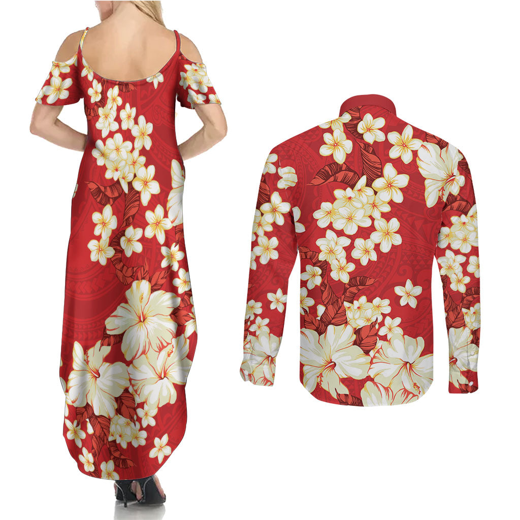 Hawaii Hibiscus Plumeria Red Couples Matching Summer Maxi Dress and Long Sleeve Button Shirt Polynesian Pattern