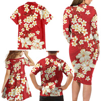 Hawaii Hibiscus Plumeria Red Family Matching Long Sleeve Bodycon Dress and Hawaiian Shirt Polynesian Pattern LT01 - Polynesian Pride
