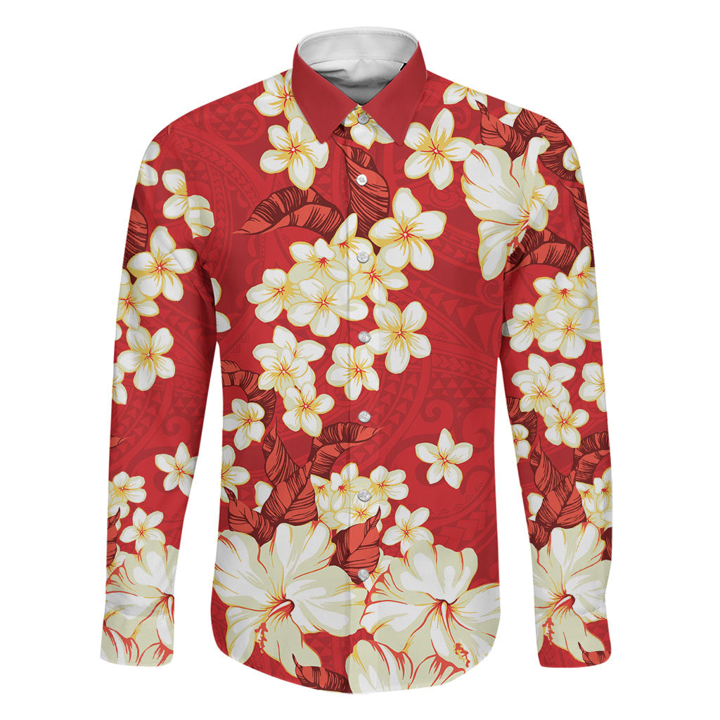 Hawaii Hibiscus Plumeria Red Family Matching Mermaid Dress and Hawaiian Shirt Polynesian Pattern LT01 Dad's Shirt - Long Sleeve Red - Polynesian Pride