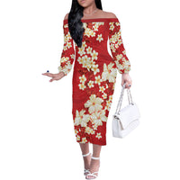 Hawaii Hibiscus Plumeria Red Family Matching Off The Shoulder Long Sleeve Dress and Hawaiian Shirt Polynesian Pattern