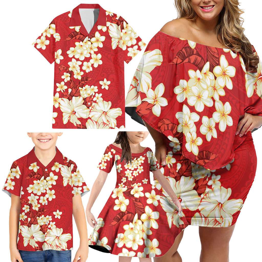 Hawaii Hibiscus Plumeria Red Family Matching Off Shoulder Short Dress and Hawaiian Shirt Polynesian Pattern LT01 - Polynesian Pride