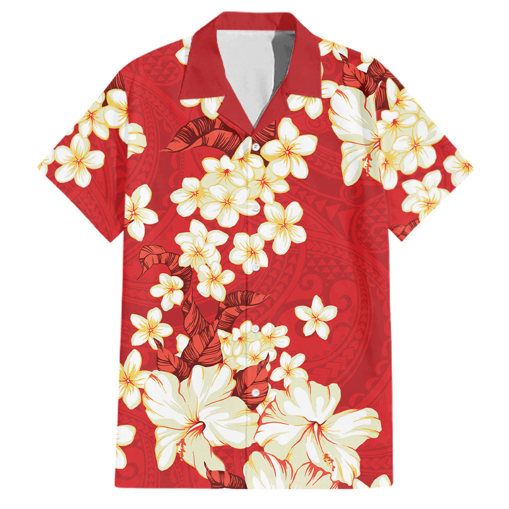 Hawaii Hibiscus Plumeria Red Family Matching Off Shoulder Short Dress and Hawaiian Shirt Polynesian Pattern LT01 Dad's Shirt - Short Sleeve Red - Polynesian Pride