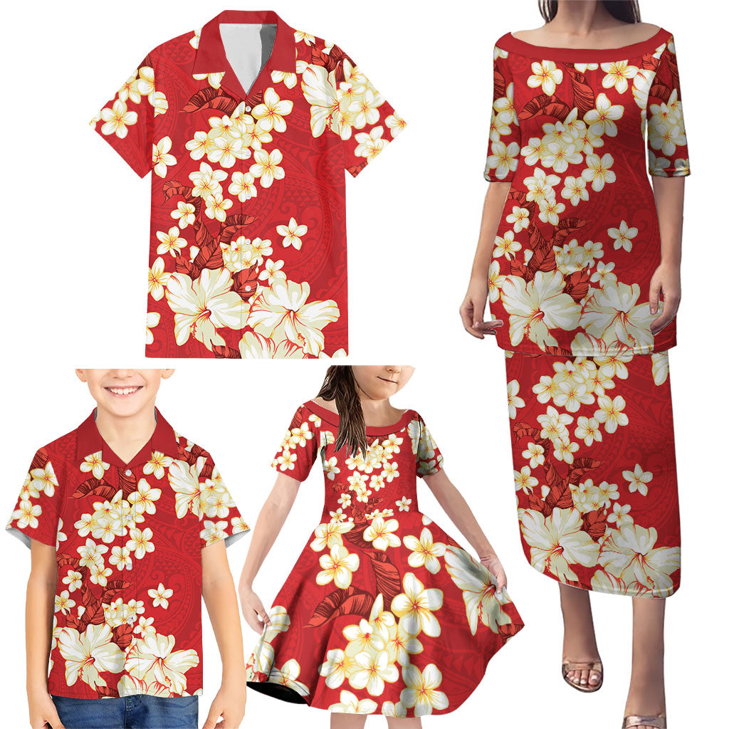 Hawaii Hibiscus Plumeria Red Family Matching Puletasi and Hawaiian Shirt Polynesian Pattern LT01 - Polynesian Pride