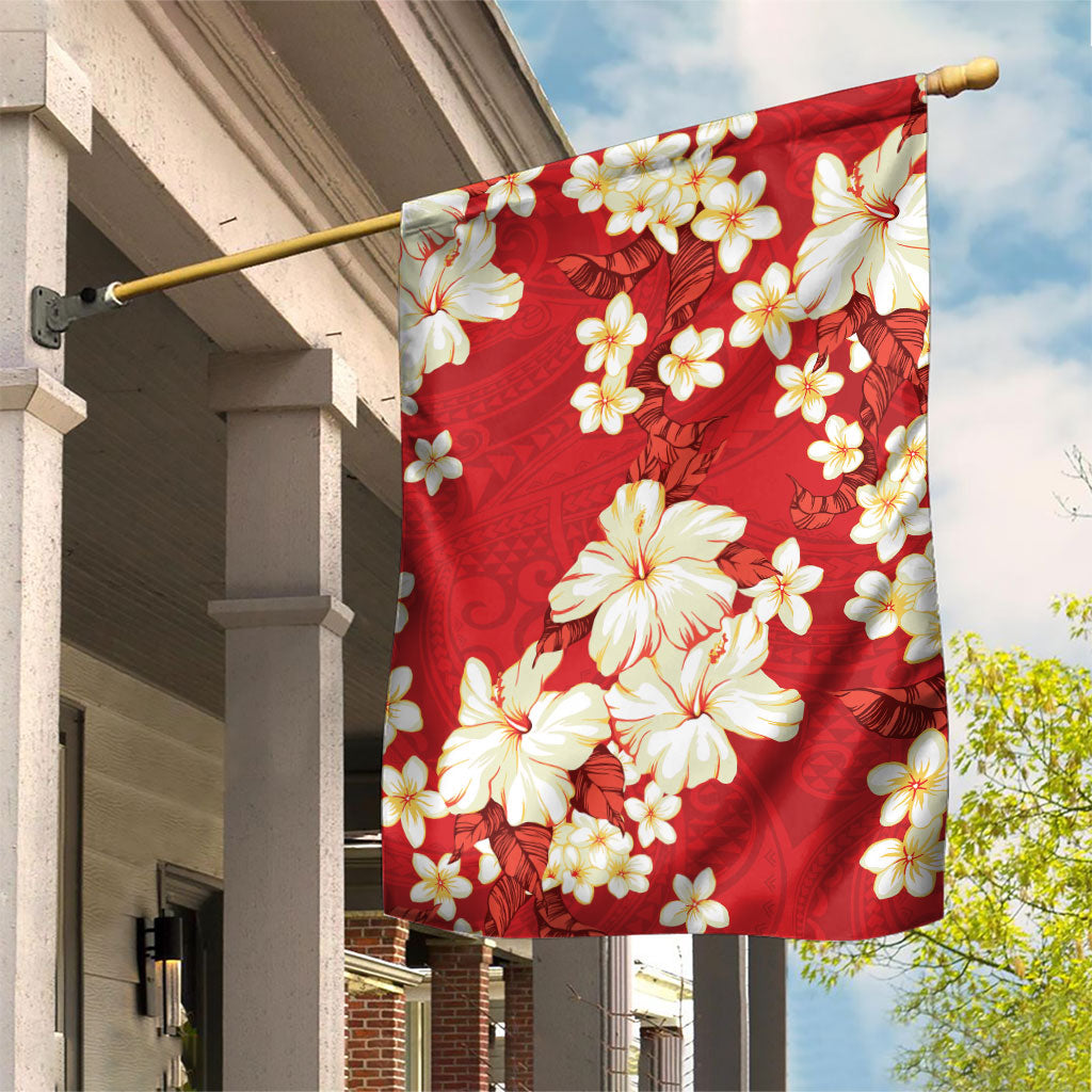 Hawaii Hibiscus Plumeria Red Garden Flag Polynesian Pattern