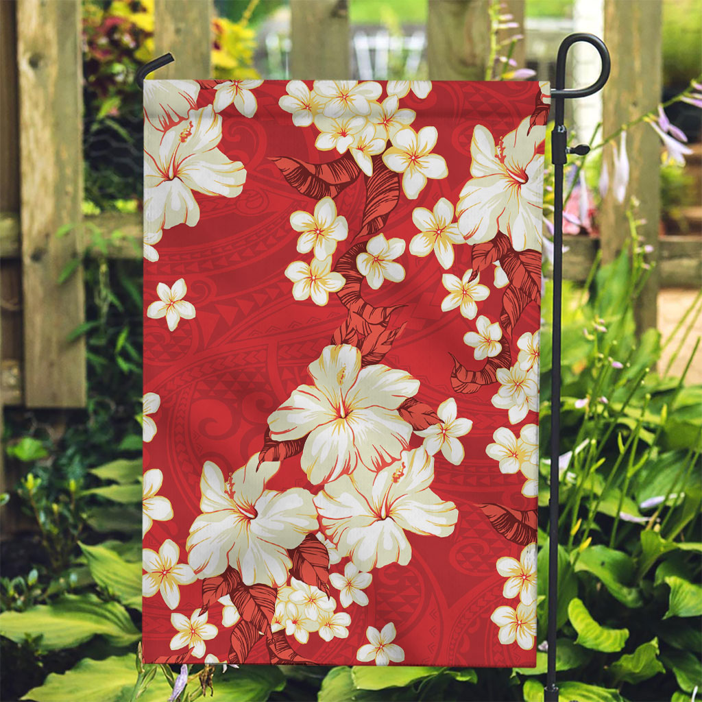 Hawaii Hibiscus Plumeria Red Garden Flag Polynesian Pattern