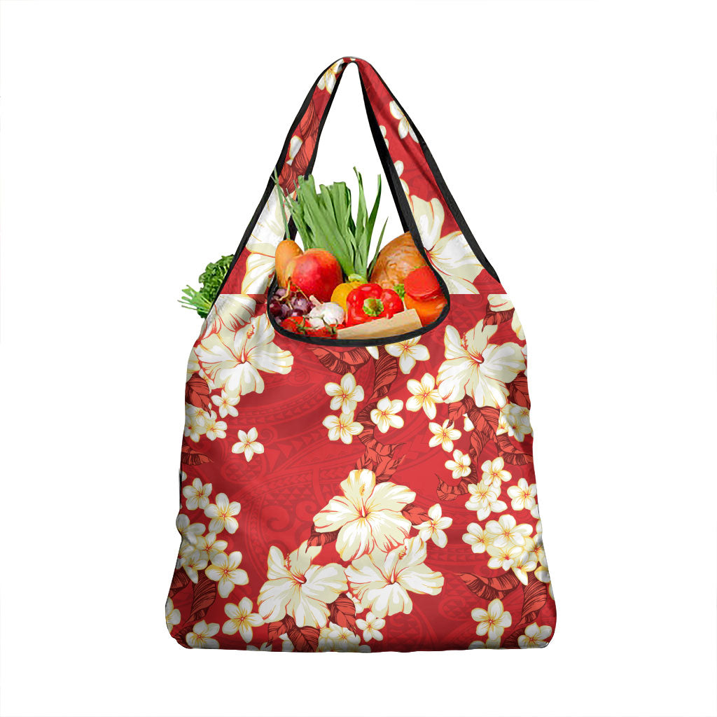Hawaii Hibiscus Plumeria Red Grocery Bag Polynesian Pattern