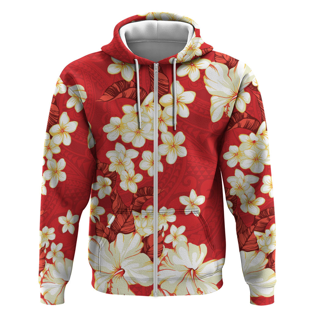 Hawaii Hibiscus Plumeria Red Hoodie Polynesian Pattern LT01 Zip Hoodie Red - Polynesian Pride