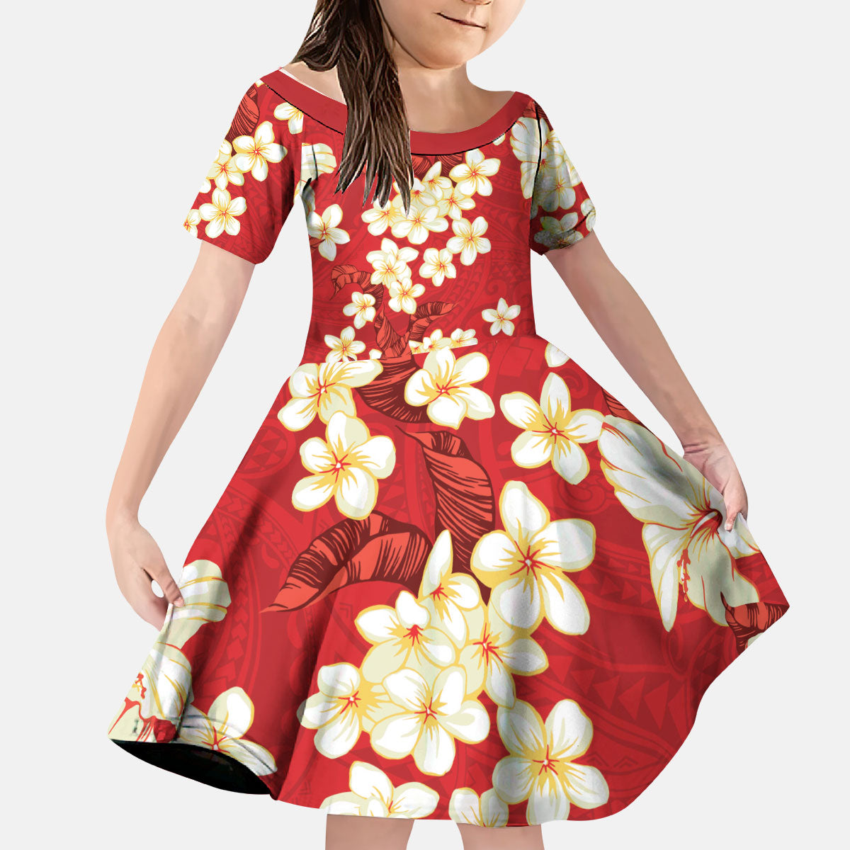 Hawaii Hibiscus Plumeria Red Kid Short Sleeve Dress Polynesian Pattern