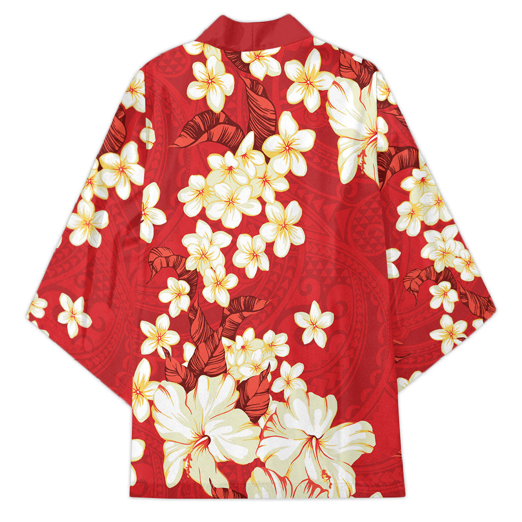 Hawaii Hibiscus Plumeria Red Kimono Polynesian Pattern