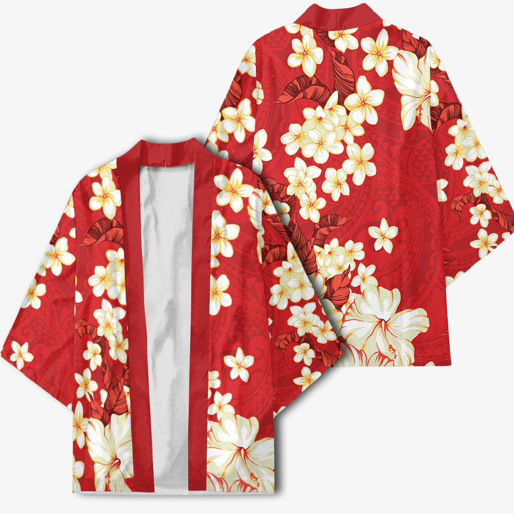 Hawaii Hibiscus Plumeria Red Kimono Polynesian Pattern