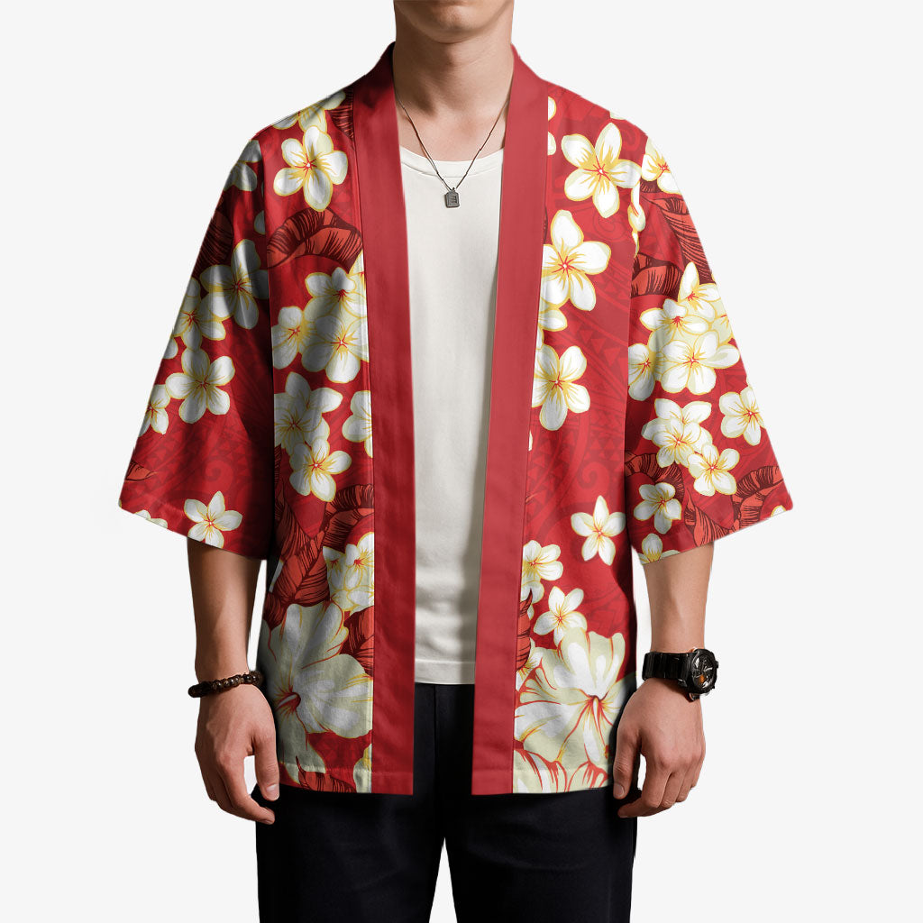 Hawaii Hibiscus Plumeria Red Kimono Polynesian Pattern