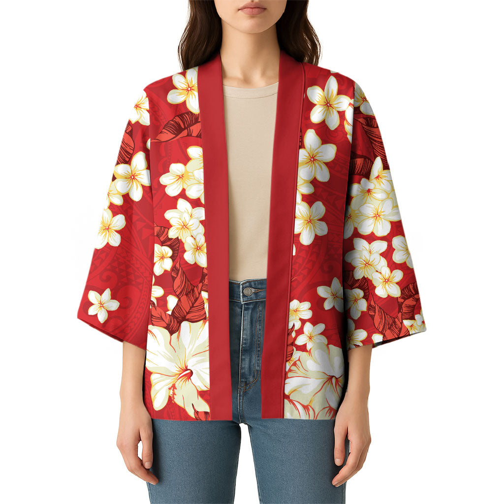 Hawaii Hibiscus Plumeria Red Kimono Polynesian Pattern