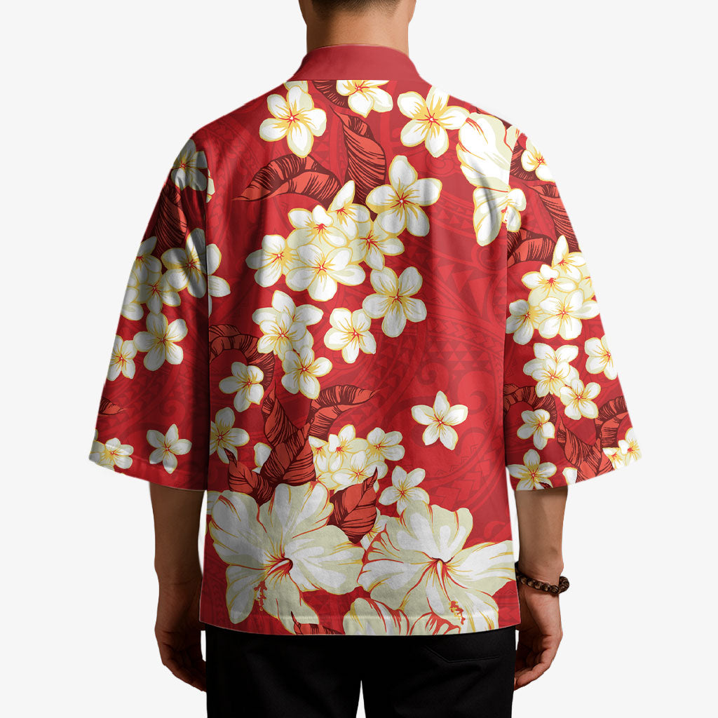 Hawaii Hibiscus Plumeria Red Kimono Polynesian Pattern