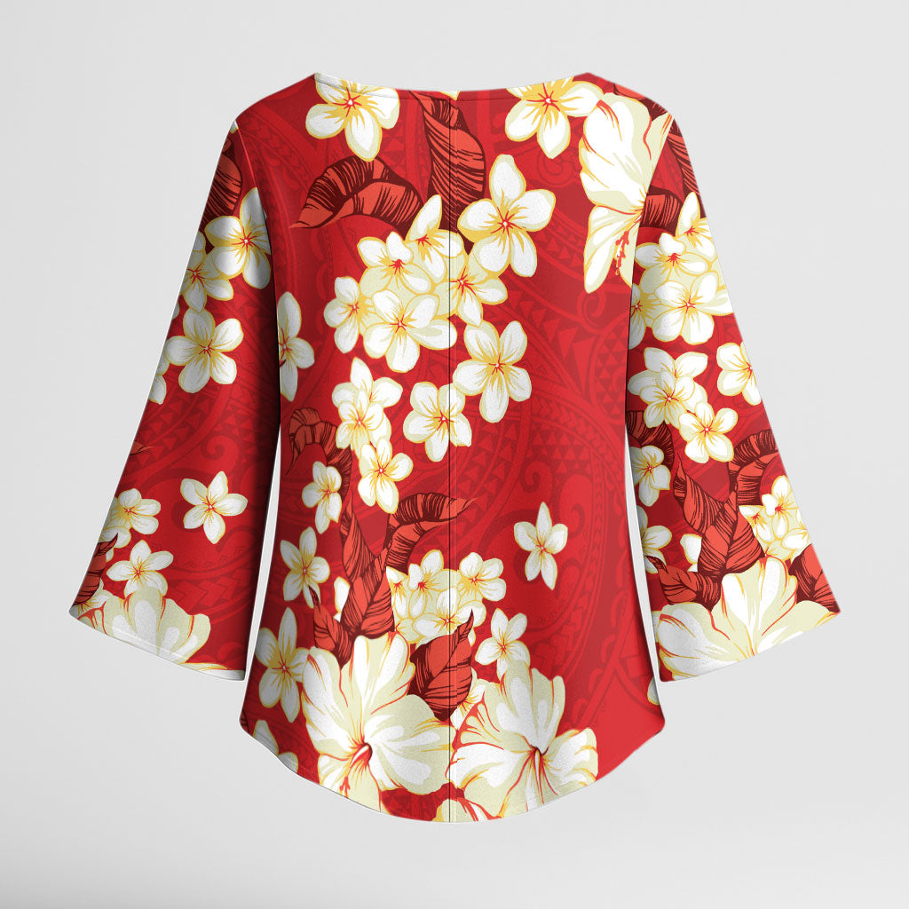 Hawaii Hibiscus Plumeria Red Kimono Sleeve Blouse Polynesian Pattern