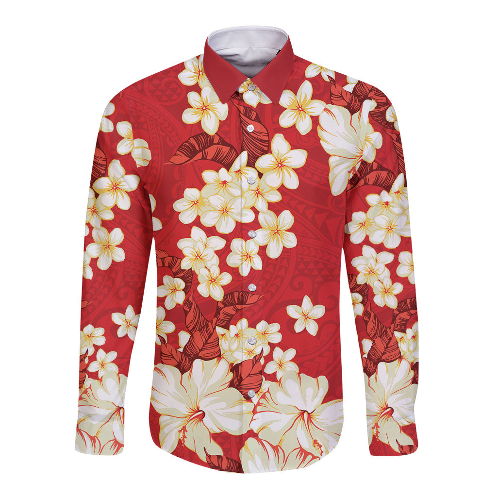 Hawaii Hibiscus Plumeria Red Long Sleeve Button Shirt Polynesian Pattern