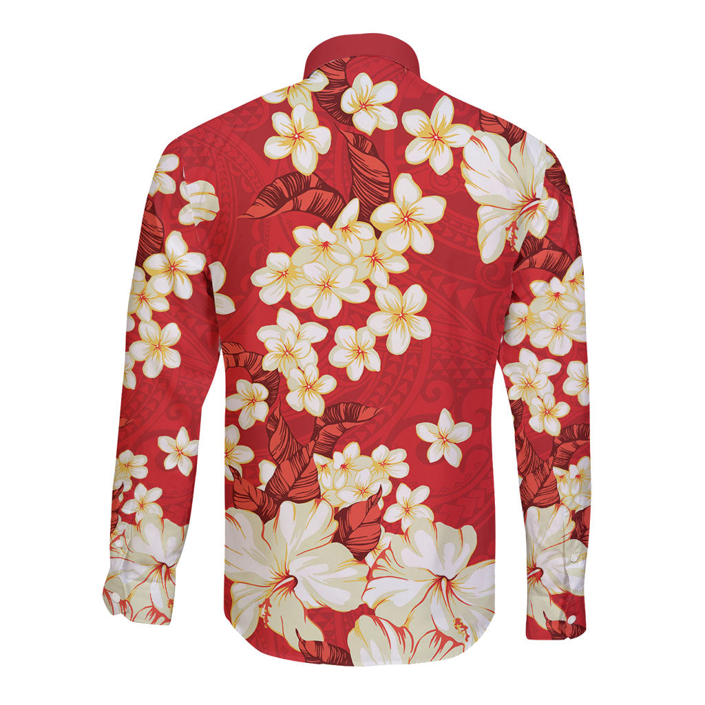 Hawaii Hibiscus Plumeria Red Long Sleeve Button Shirt Polynesian Pattern