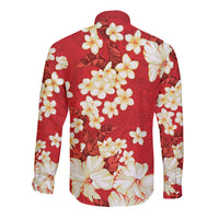 Hawaii Hibiscus Plumeria Red Long Sleeve Button Shirt Polynesian Pattern