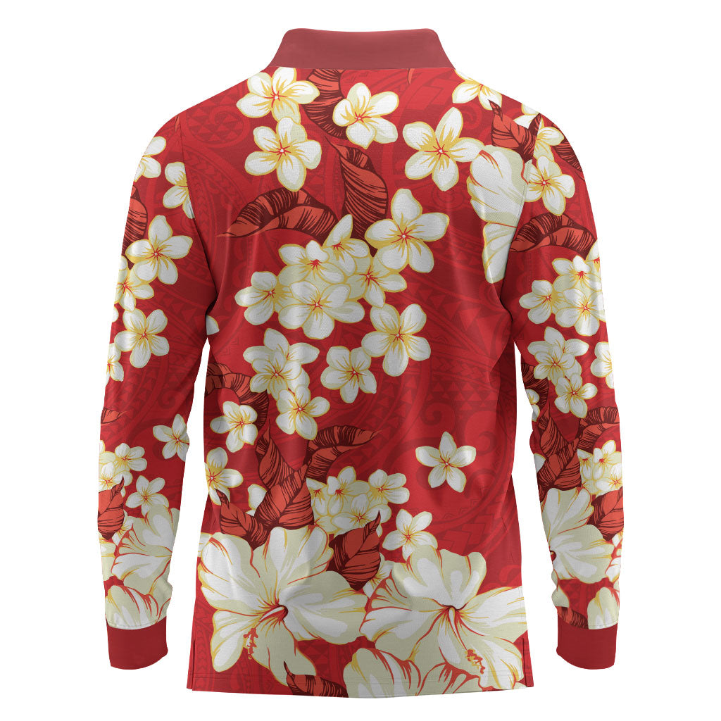 Hawaii Hibiscus Plumeria Red Long Sleeve Polo Shirt Polynesian Pattern LT01 - Polynesian Pride