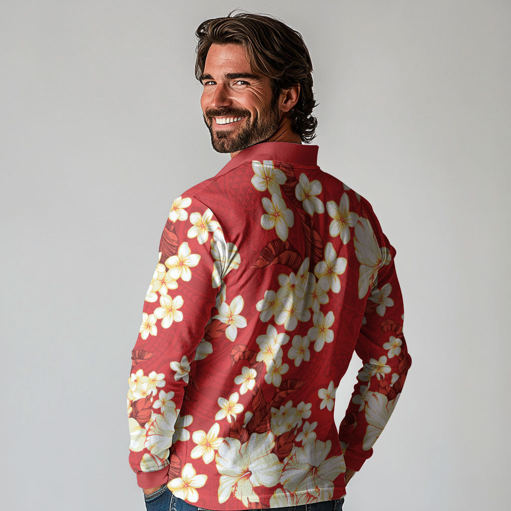 Hawaii Hibiscus Plumeria Red Long Sleeve Polo Shirt Polynesian Pattern LT01 - Polynesian Pride