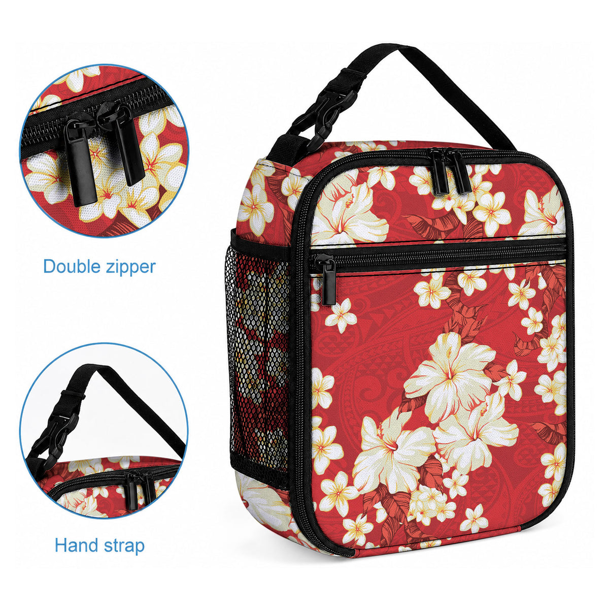 Hawaii Hibiscus Plumeria Red Lunch Bag Polynesian Pattern