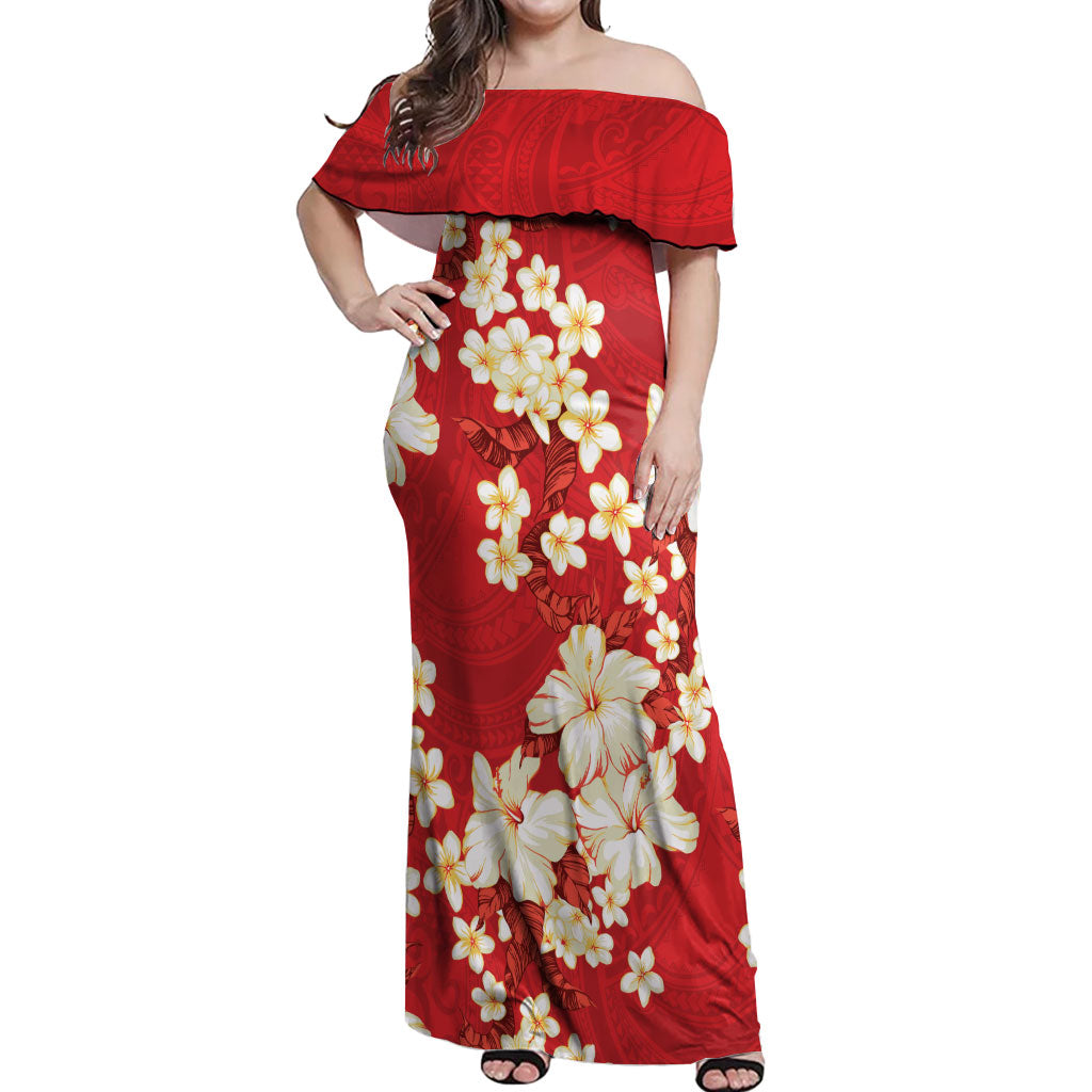 Hawaii Hibiscus Plumeria Red Off Shoulder Maxi Dress Polynesian Pattern
