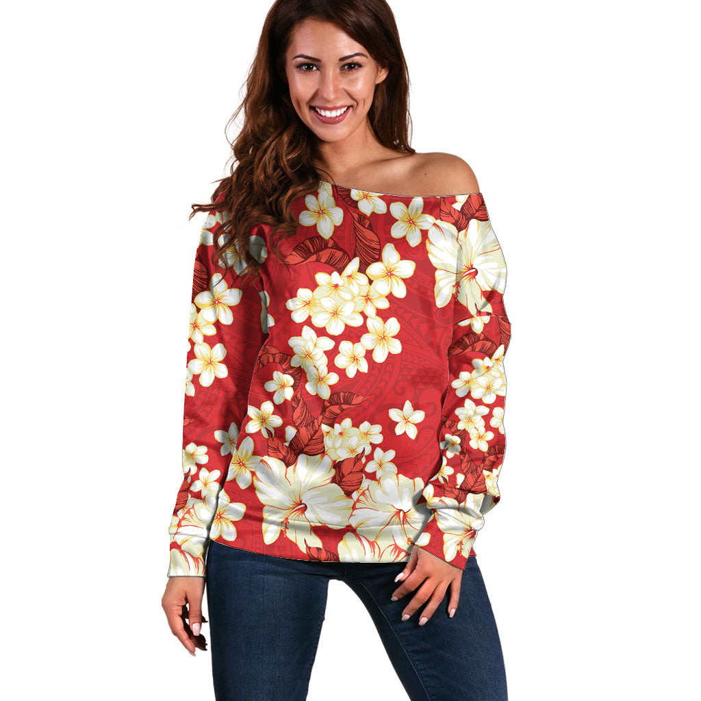Hawaii Hibiscus Plumeria Red Off Shoulder Sweater Polynesian Pattern