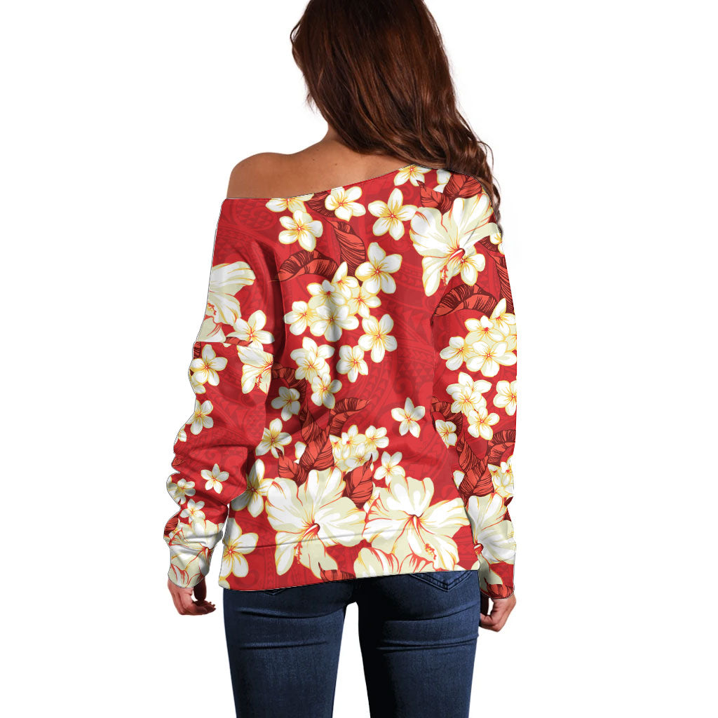 Hawaii Hibiscus Plumeria Red Off Shoulder Sweater Polynesian Pattern