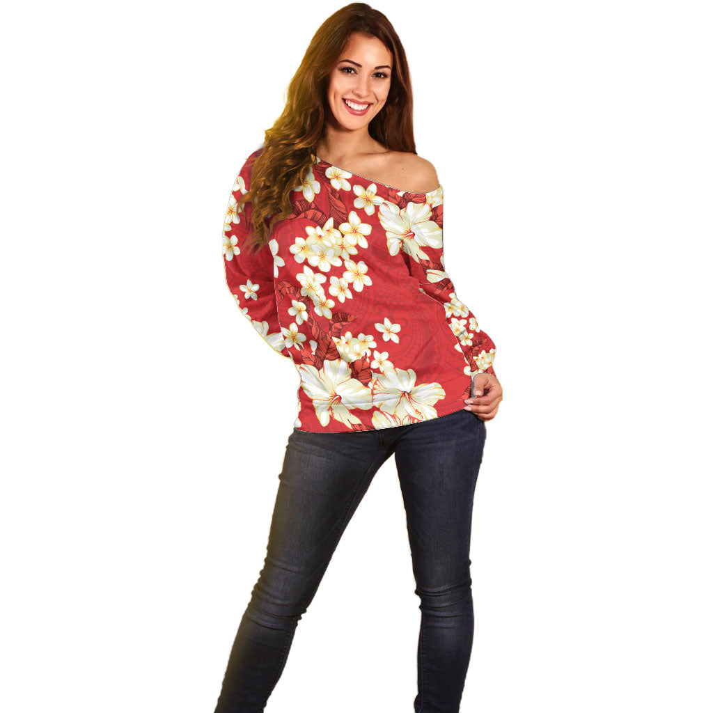 Hawaii Hibiscus Plumeria Red Off Shoulder Sweater Polynesian Pattern