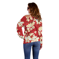 Hawaii Hibiscus Plumeria Red Off Shoulder Sweater Polynesian Pattern