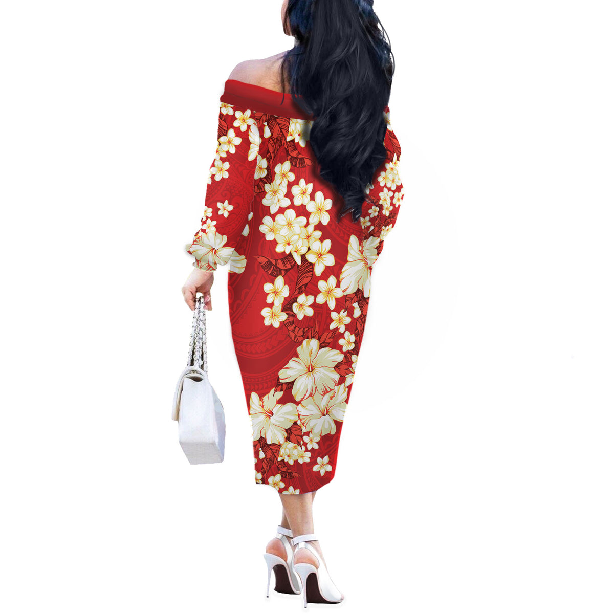 Hawaii Hibiscus Plumeria Red Off The Shoulder Long Sleeve Dress Polynesian Pattern