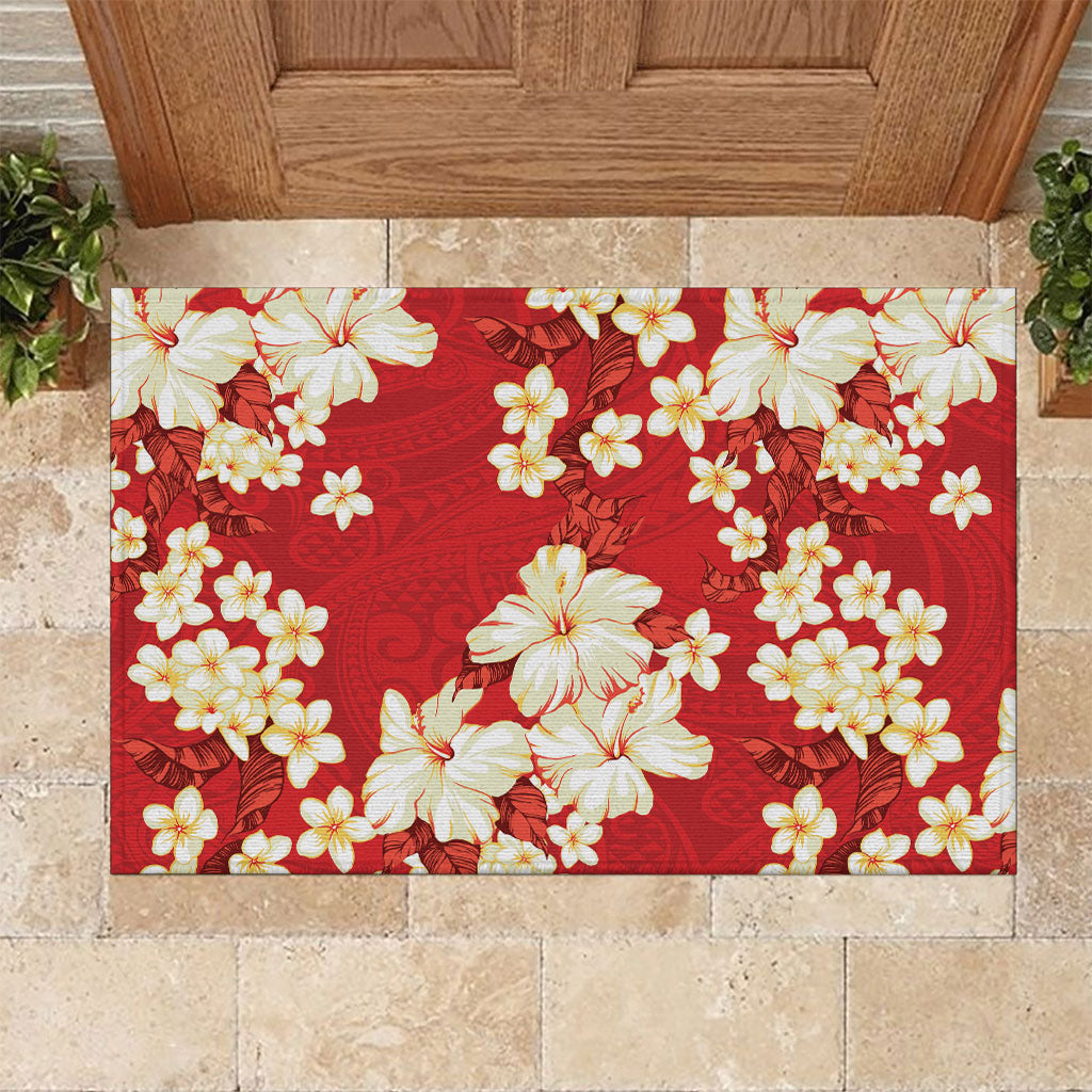 Hawaii Hibiscus Plumeria Red Rubber Doormat Polynesian Pattern