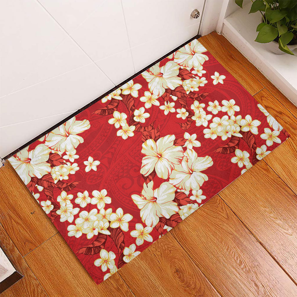 Hawaii Hibiscus Plumeria Red Rubber Doormat Polynesian Pattern