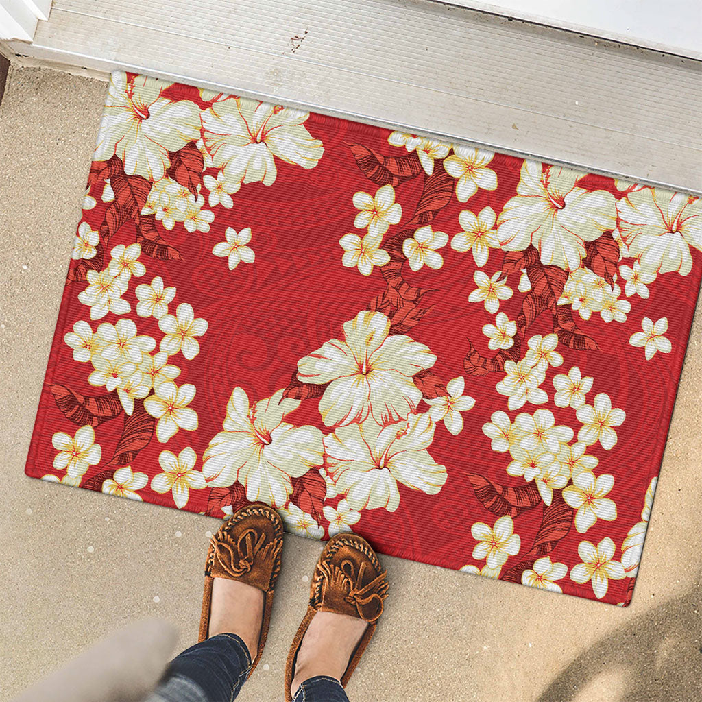 Hawaii Hibiscus Plumeria Red Rubber Doormat Polynesian Pattern