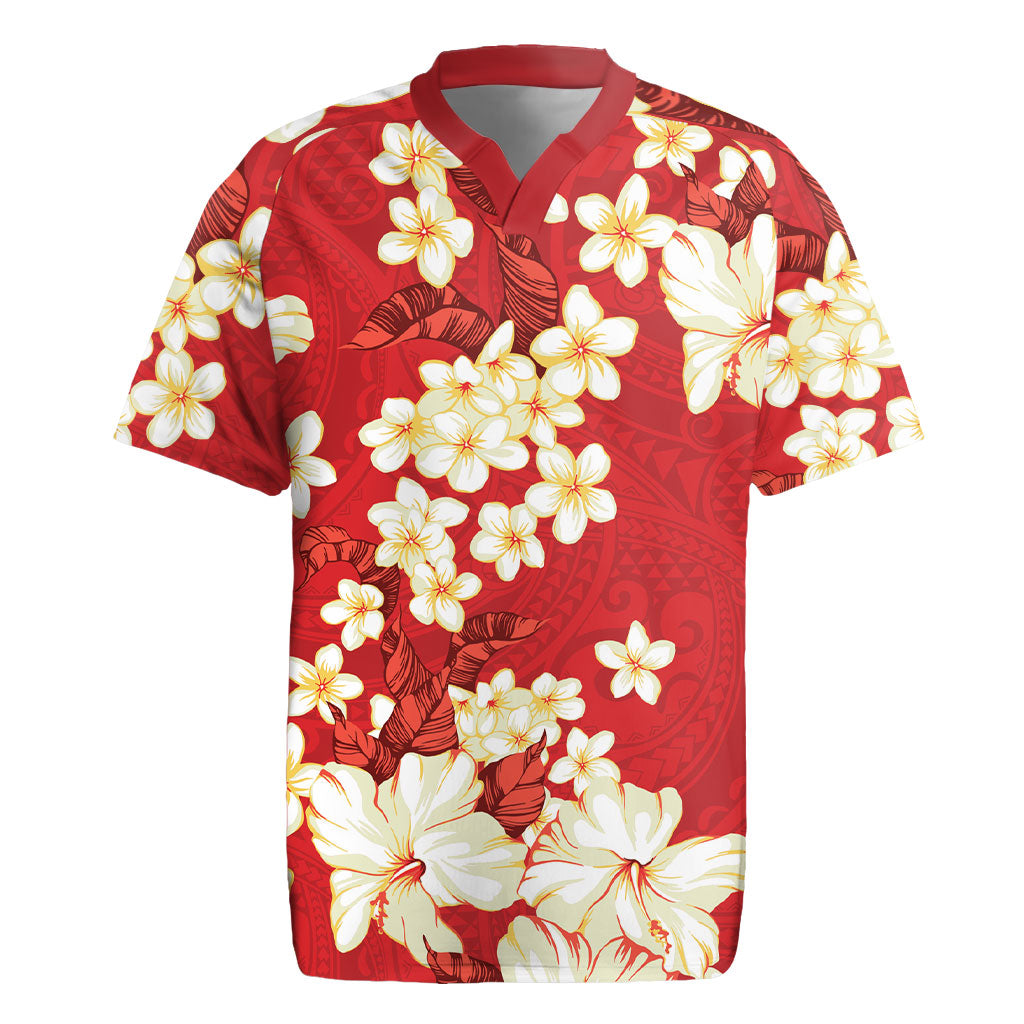 Hawaii Hibiscus Plumeria Red Rugby Jersey Polynesian Pattern LT01 Red - Polynesian Pride