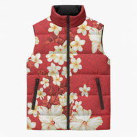 Hawaii Hibiscus Plumeria Red Sleeveless Puffer Jacket Polynesian Pattern