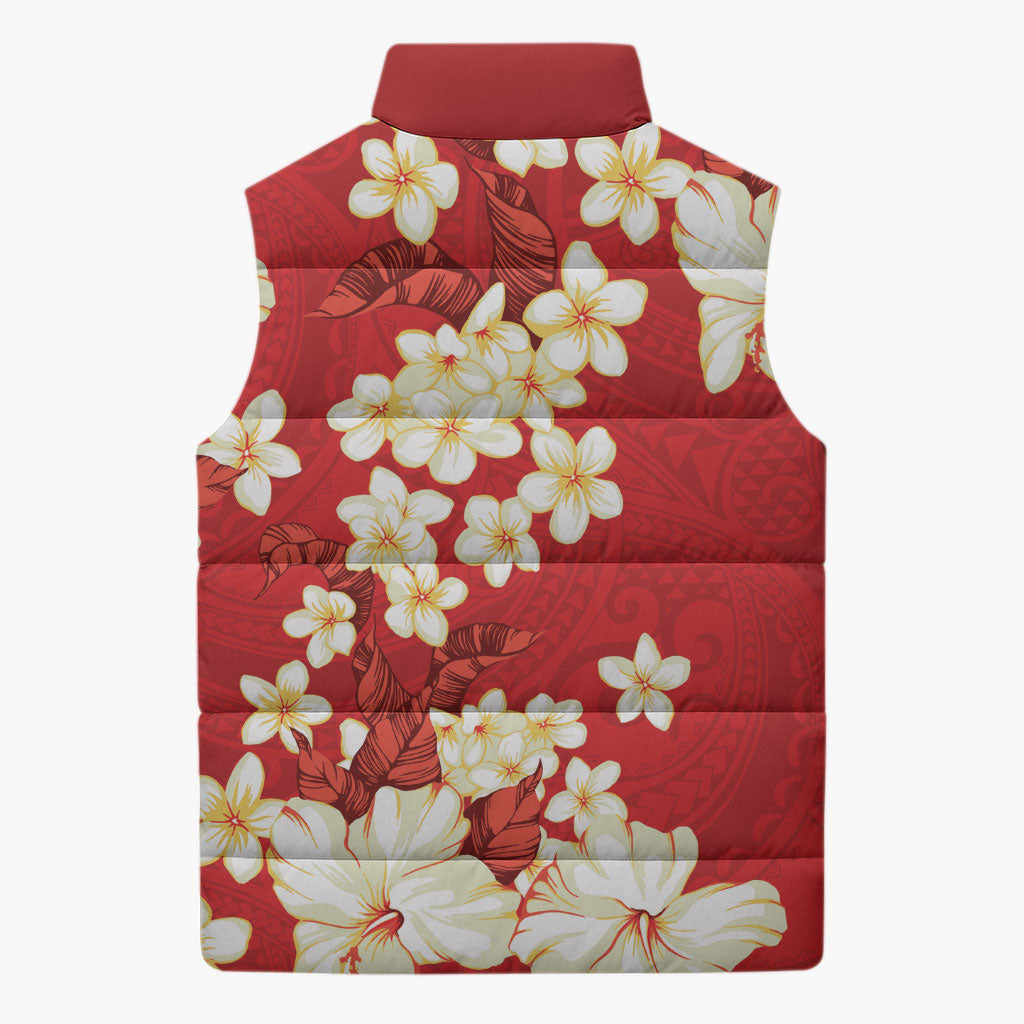 Hawaii Hibiscus Plumeria Red Sleeveless Puffer Jacket Polynesian Pattern