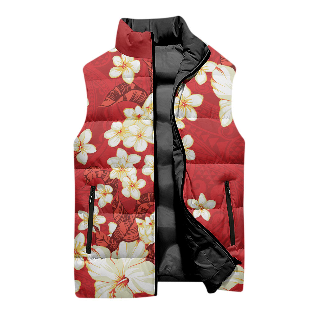 Hawaii Hibiscus Plumeria Red Sleeveless Puffer Jacket Polynesian Pattern