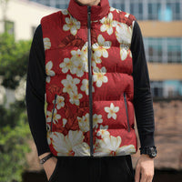 Hawaii Hibiscus Plumeria Red Sleeveless Puffer Jacket Polynesian Pattern
