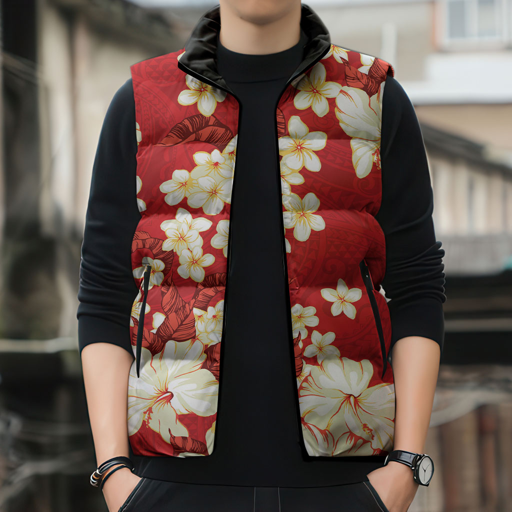 Hawaii Hibiscus Plumeria Red Sleeveless Puffer Jacket Polynesian Pattern