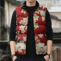 Hawaii Hibiscus Plumeria Red Sleeveless Puffer Jacket Polynesian Pattern