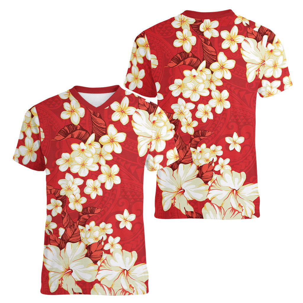 Hawaii Hibiscus Plumeria Red Women V-Neck T-Shirt Polynesian Pattern