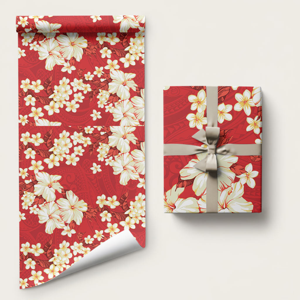 Hawaii Hibiscus Plumeria Red Wrapping Paper Polynesian Pattern