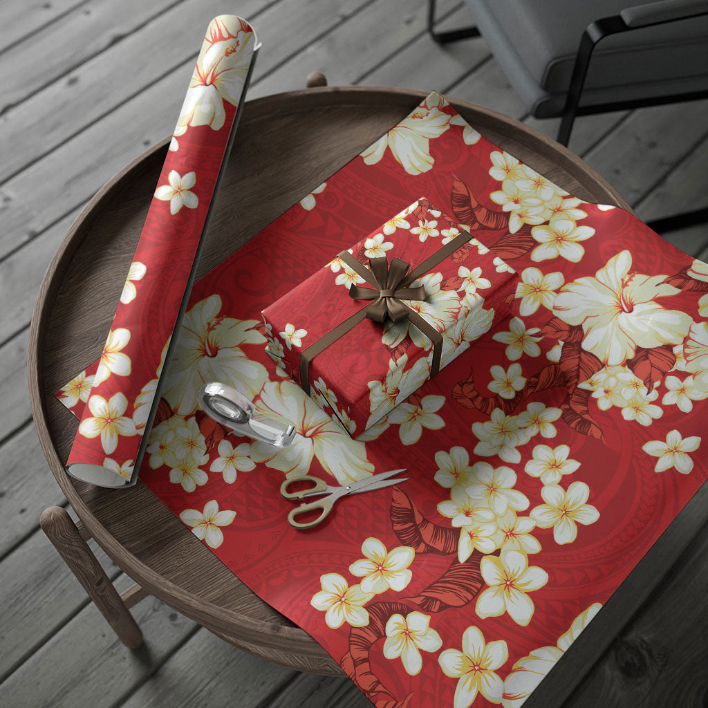 Hawaii Hibiscus Plumeria Red Wrapping Paper Polynesian Pattern