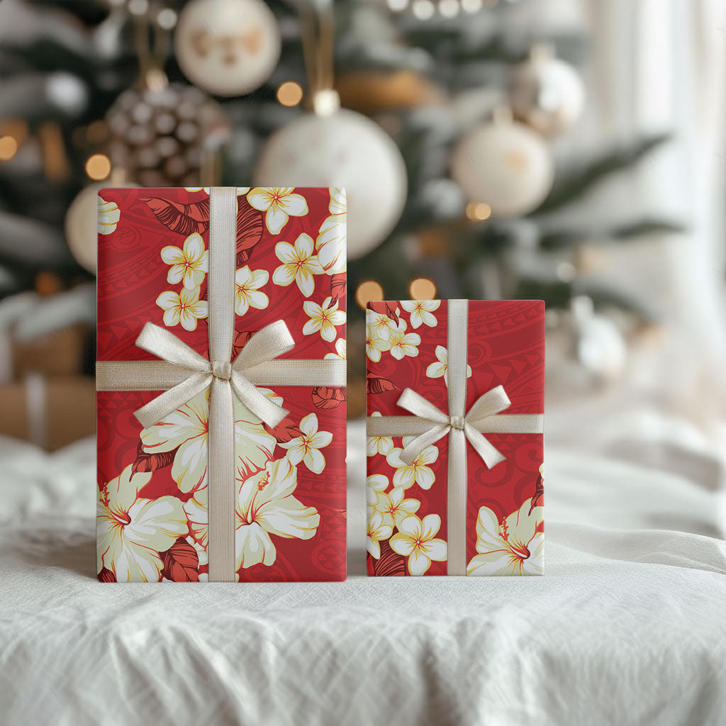 Hawaii Hibiscus Plumeria Red Wrapping Paper Polynesian Pattern