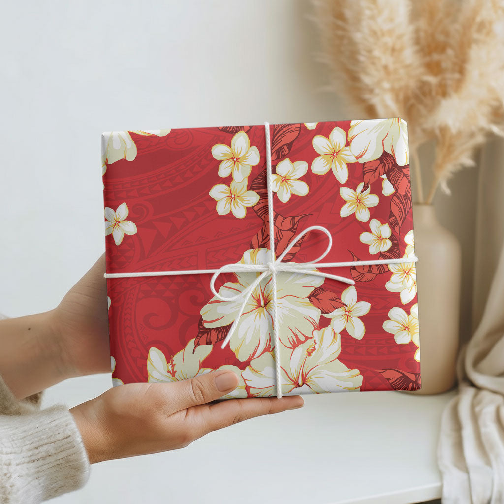 Hawaii Hibiscus Plumeria Red Wrapping Paper Polynesian Pattern