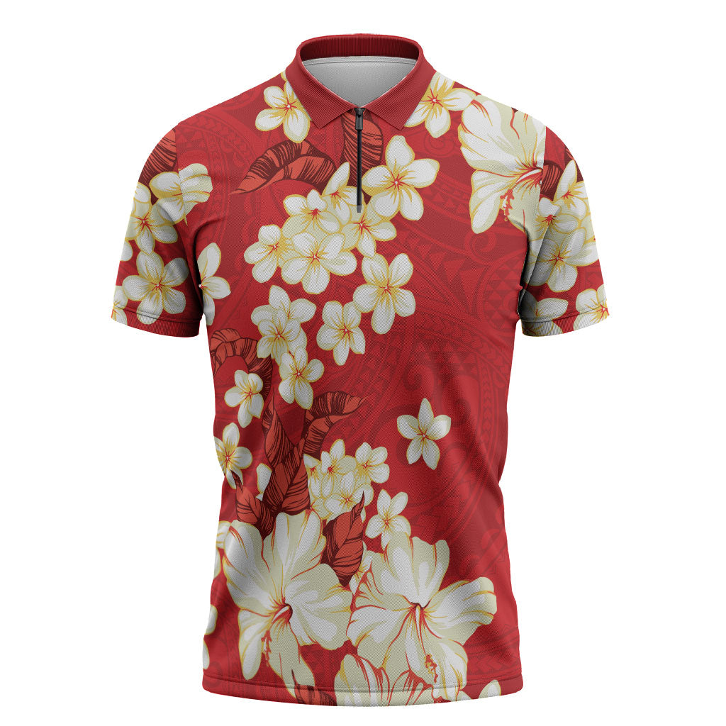 Hawaii Hibiscus Plumeria Red Zipper Polo Shirt Polynesian Pattern