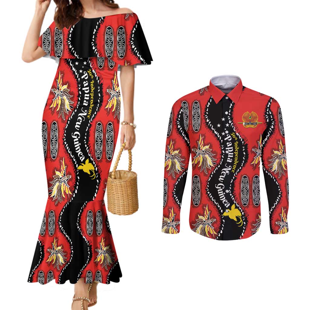 Papua New Guinea 50th Independence Couples Matching Mermaid Dress and Long Sleeve Button Shirt PNG Batik Pattern - Polynesian Pride
