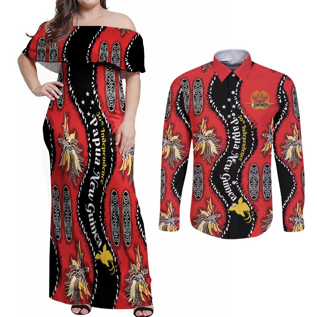 Papua New Guinea 50th Independence Couples Matching Off Shoulder Maxi Dress and Long Sleeve Button Shirt PNG Batik Pattern - Polynesian Pride