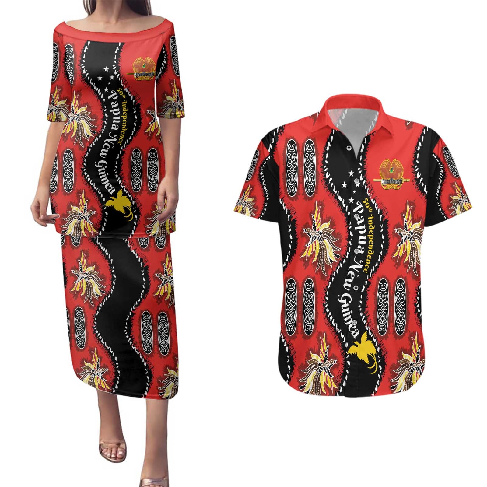 Papua New Guinea 50th Independence Couples Matching Puletasi and Hawaiian Shirt PNG Batik Pattern - Polynesian Pride