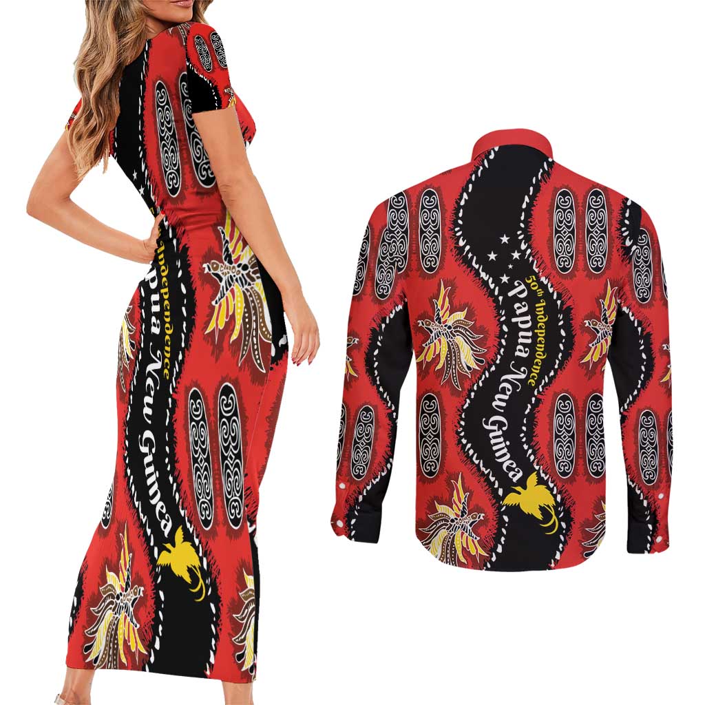 Papua New Guinea 50th Independence Couples Matching Short Sleeve Bodycon Dress and Long Sleeve Button Shirt PNG Batik Pattern LT01 - Polynesian Pride